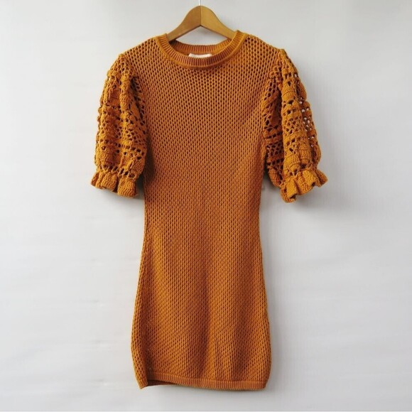 Bennettex Womens Small Boho Crochet Knit Puff Sleeve Cottagecore Farmhouse Dress - Picture 11 of 11